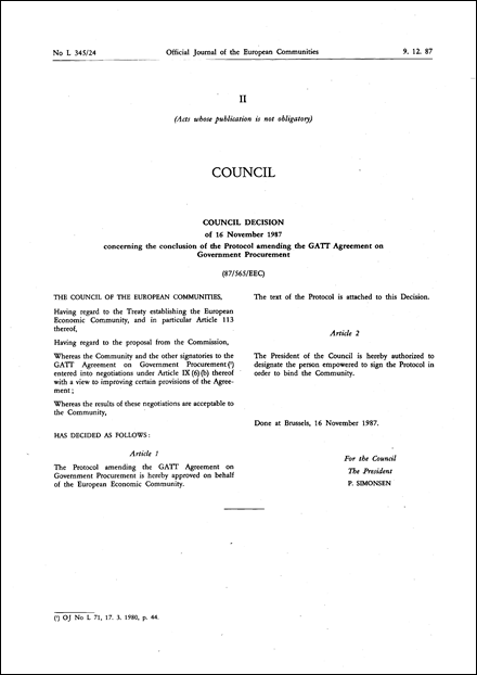 87/565/EEC: Council Decision of 16 November 1987 concerning the conclusion of the Protocol amending the GATT Agreement on Government Procurement