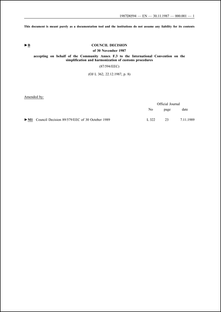 87/594/EEC: Council Decision of 30 November 1987 accepting, on behalf of the Community, Annex F.3 to the International Convention on the simplification and harmonization of customs procedures