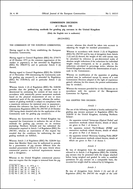 88/234/EEC: Commission Decision of 3 March 1988 authorizing methods for grading pig carcases in the United Kingdom (Only the English text is authentic)