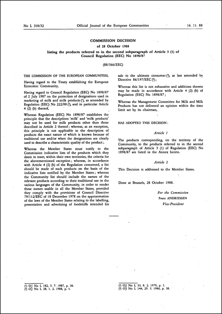 88/566/EEC: Commission Decision of 28 October 1988 listing the products referred to in the second subparagraph of Article 3 (1) of Council Regulation (EEC) No 1898/87 (repealed)