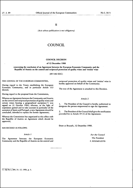 89/146/EEC: Council Decision of 12 December 1988 concerning the conclusion of an Agreement between the European Economic Community and the Republic of Austria on the control and reciprocal protection of quality wines and ' retsina ' wine