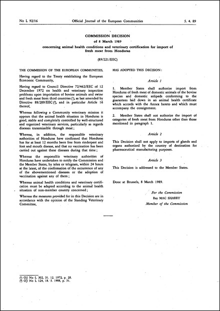 89/221/EEC: Commission Decision of 8 March 1989 concerning animal health conditions and veterinary certification for import of fresh meat from Honduras
