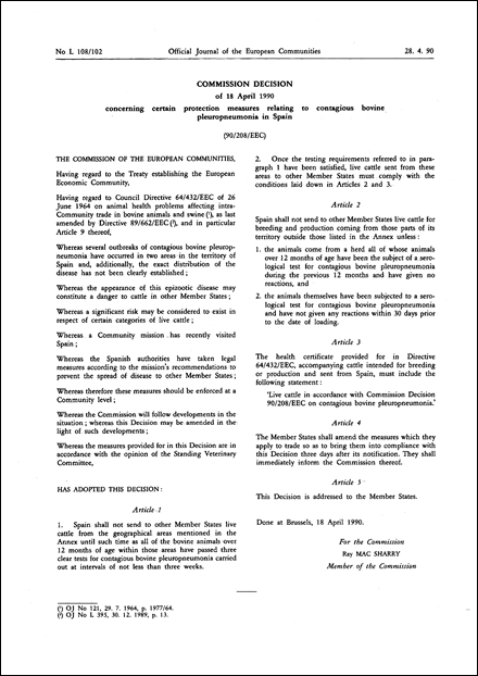90/208/EEC: Commission Decision of 18 April 1990 concerning certain protection measures relating to contagious bovine pleuropneumonia in Spain