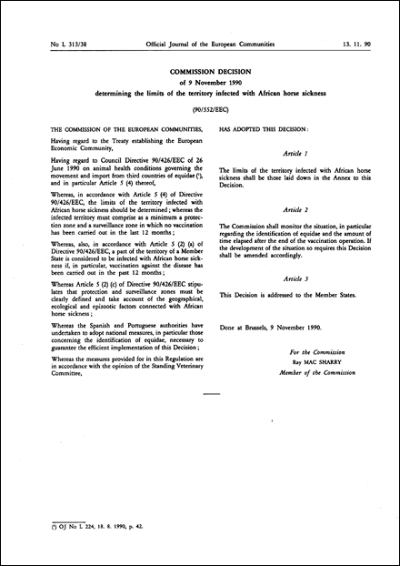 90/552/EEC: Commission Decision of 9 November 1990 determining the limits of the territory infected with African horse sickness