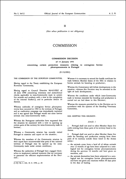 91/52/EEC: Commission Decision of 14 January 1991 concerning certain protection measures relating to contagious bovine pleuropneumonia in Portugal