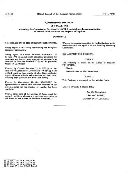 92/161/EEC: Commission Decision of 9 March 1992 amending the Commission Decision 92/160/EEC establishing the regionalization of certain third countries for imports of equidae