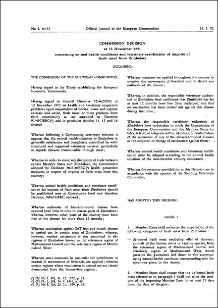 92/25/EEC: Commission Decision of 13 November 1991 concerning animal health conditions and veterinary certification of imports of fresh meat from Zimbabwe