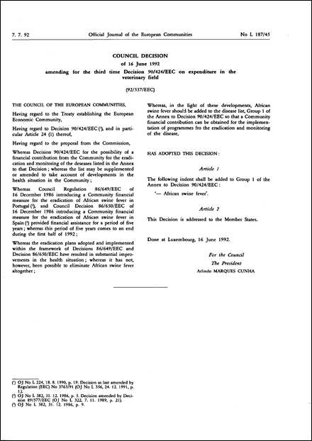 92/337/EEC: Council Decision of 16 June 1992 amending for the third time Decision 90/424/EEC on expenditure in the veterinary field