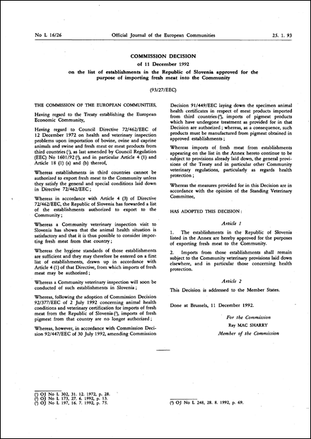 93/27/EEC: Commission Decision of 11 December 1992 on the list of establishments in the Republic of Slovenia approved for the purpose of importing fresh meat into the Community