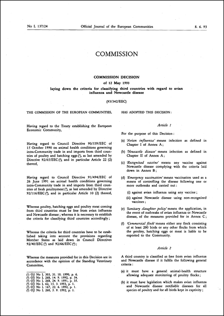 93/342/EEC: Commission Decision of 12 May 1993 laying down the criteria for classifying third countries with regard to avian influenza and Newcastle disease (repealed)