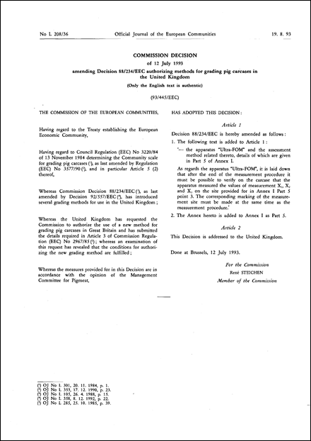 93/445/EEC: Commission Decision of 12 July 1993 amending Decision 88/234/EEC authorizing methods for grading pig carcases in the United Kingdom (Only the English text is authentic)