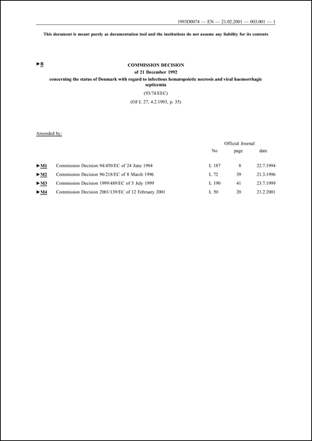 93/74/EEC: Commission Decision of 21 December 1992 concerning the status of Denmark with regard to infectious hematopoietic necrosis and viral haemorrhagic septicaemia