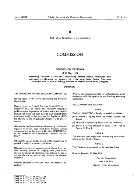 94/334/EC: Commission Decision of 26 May 1994 amending Decision 93/402/EEC concerning animal health conditions and veterinary certification for imports of fresh meat from South American countries with a view to taking account of certain meats from Uruguay