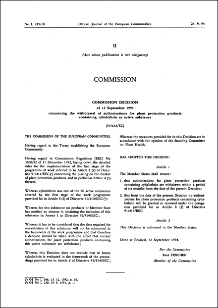 94/643/EC: Commission Decision of 12 September 1994 concerning the withdrawal of authorizations for plant protection products containing cyhalothrin as active substance