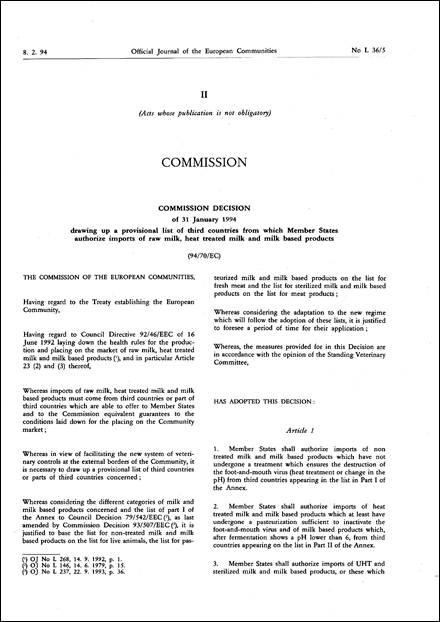 94/70/EC: Commission Decision of 31 January 1994 drawing up a provisional list of third countries from which Member States authorize imports of raw milk, heat treated milk and milk based products