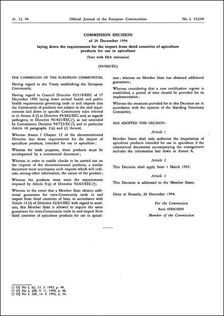 94/860/EC: Commission Decision of 20 December 1994 laying down the requirements for the import from third countries of apiculture products for use in apiculture (Text with EEA relevance)