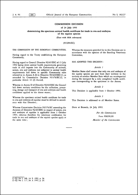 95/294/EC: Commission Decision of 24 July 1995 determining the specimen animal health certificate for trade in ova and embryos of the equine species
