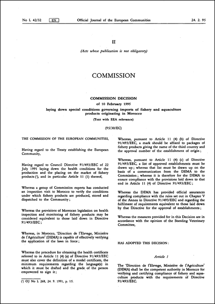 95/30/EC: Commission Decision of 10 February 1995 laying down special conditions governing imports of fishery and aquaculture products originating in Morocco (Text with EEA relevance) (repealed)