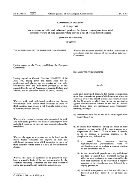 95/342/EC: Commission Decision of 27 July 1995 on treatment of milk and milk-based products for human consumption from third countries or parts of third countries where there is a risk of foot-and-mouth disease