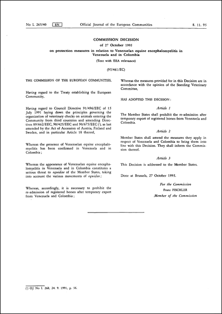 95/461/EC: Commission Decision of 27 October 1995 on protection measures in relation to Venezuelan equine encephalomyelitis in Venezuela and in Colombia
