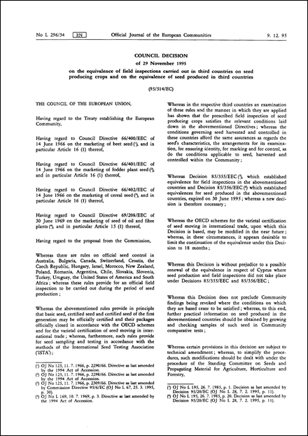 95/514/EC: Council Decision of 29 November 1995 on the equivalence of field inspections carried out in third countries on seed producing crops and on the equivalence of seed produced in third countries