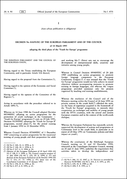 Decision No 818/95/EC of the European Parliament and of the Council of 14 March 1995 adopting the third phase of the 'Youth for Europe' programme