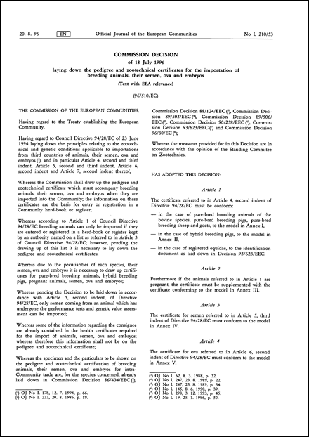 96/510/EC: Commission Decision of 18 July 1996 laying down the pedigree and zootechnical certificates for the importation of breeding animals, their semen, ova and embryos (Text with EEA relevance)