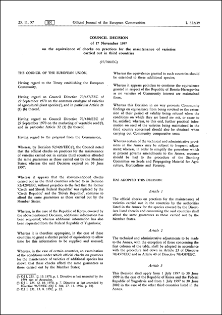 97/788/EC: Council Decision of 17 November 1997 on the equivalence of checks on practices for the maintenance of varieties carried out in third countries