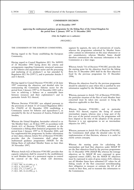 98/124/EC: Commission Decision of 16 December 1997 approving the multiannual guidance programme for the fishing fleet of the United Kingdom for the period from 1 January 1997 to 31 December 2001 (Only the English text is authentic)