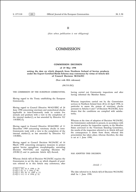 98/351/EC: Commission Decision of 29 May 1998 setting the date on which dispatch from Northern Ireland of bovine products under the Export Certified Herds Scheme may commence by virtue of Article 6(5) of Council Decision 98/256/EC (Text with EEA relevance)