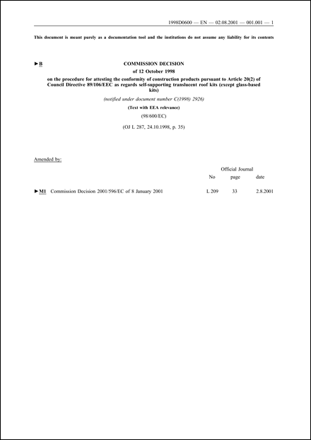 98/600/EC: Commission Decision of 12 October 1998 on the procedure for attesting the conformity of construction products pursuant to Article 20(2) of Council Directive 89/106/EEC as regards self-supporting translucent roof kits (except glass-based kits) (notified under document number C(1998) 2926) (Text with EEA relevance)