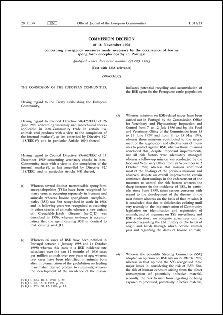 98/653/EC: Commission Decision of 18 November 1998 concerning emergency measures made necessary by the occurrence of bovine spongiform encephalopathy in Portugal (notified under document number C(1998) 3544) (Text with EEA relevance)