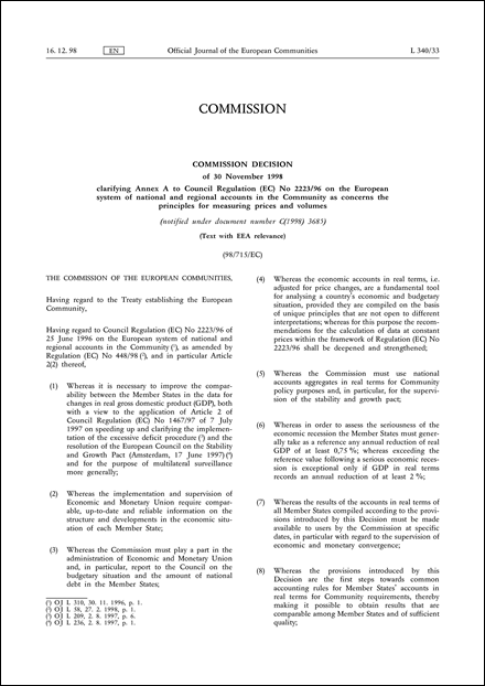 98/715/EC: Commission Decision of 30 November 1998 clarifying Annex a to Council Regulation (EC) No 2223/96 on the European system of national and regional accounts in the Community as concerns the principles for measuring prices and volumes (notified under document number C(1998) 3685) (Text with EEA relevance)