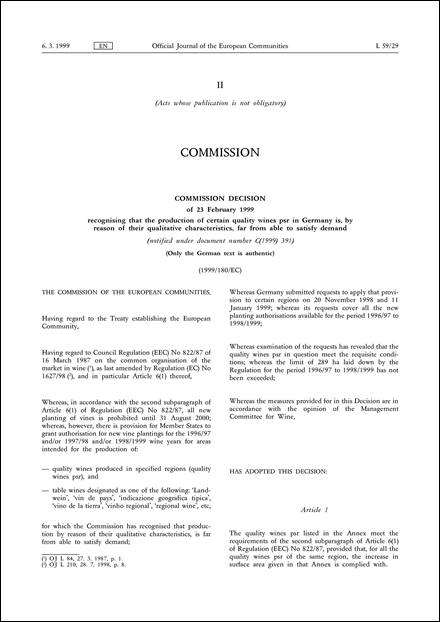 1999/180/EC: Commission Decision of 23 February 1999 recognising that the production of certain quality wines psr in Germany is, by reason of their qualitative characteristics, far from able to satisfy demand (notified under document number C(1999) 391) (Only the German text is authentic)