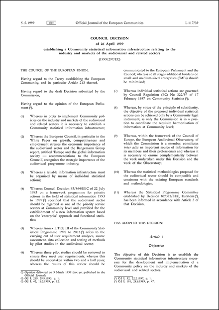 1999/297/EC: Council Decision of 26 April 1999 establishing a Community ...