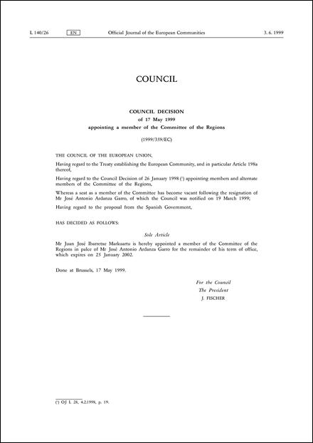 1999/359/EC: Council Decision of 17 May 1999 appointing a member of the Committee of the Regions