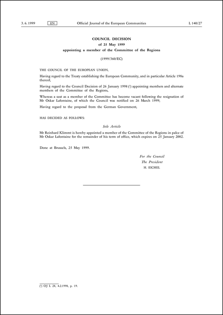 1999/360/EC: Council Decision of 25 May 1999 appointing a member of the Committee of the Regions