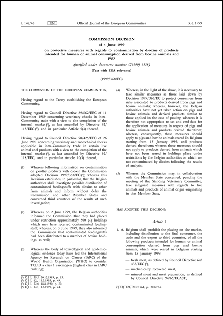 1999/368/EC: Commission Decision of 4 June 1999 on protective measures with regards to contamination by dioxins of products intended for human or animal consumption derived from bovine animals and pigs (notified under document number C(1999) 1538) (Text with EEA relevance)