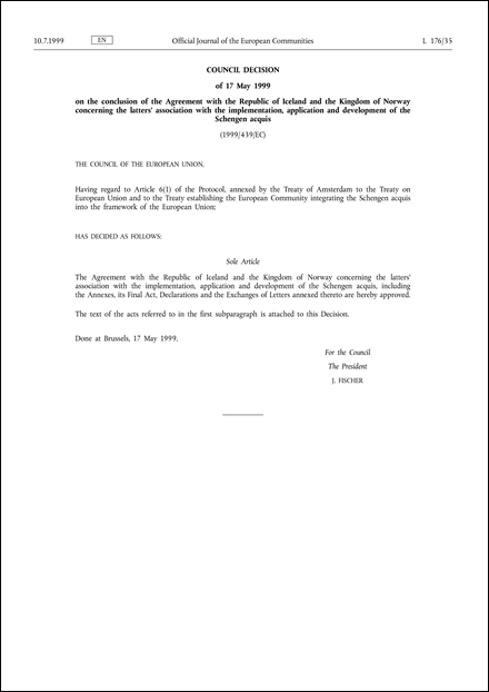 1999 439 Ec Council Decision Of 17 May 1999 On The Conclusion Of The Agreement With