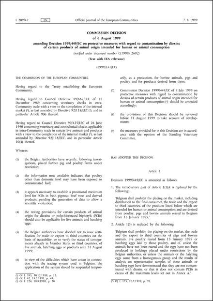 1999/551/EC: Commission Decision of 6 August 1999 amending Decision 1999/449/EC on protective measures with regard to contamination by dioxins of certain products of animal origin intended for human or animal consumption (notified under document number C(1999) 2692) (Text with EEA relevance)