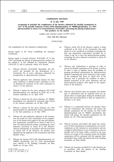 1999 555 EC Commission Decision of 22 July 1999 recognising in