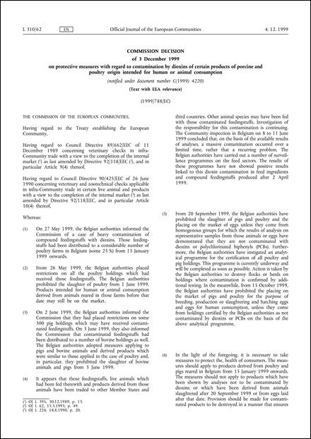 1999/788/EC: Commission Decision of 3 December 1999 on protective measures with regard to contamination by dioxins of certain products of porcine and poultry origin intended for human or animal consumption (notified under document number C(1999) 4220) (Text with EEA relevance)