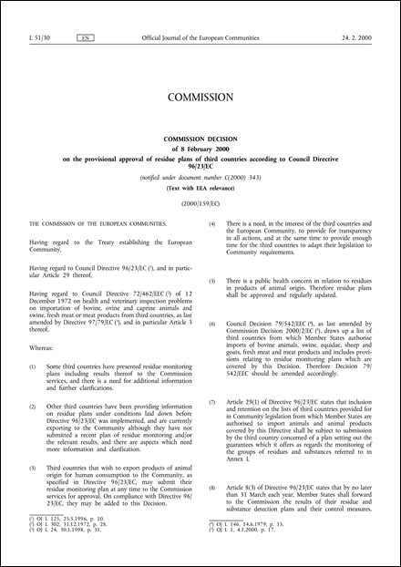 2000/159/EC: Commission Decision of 8 February 2000 on the provisional approval of residue plans of third countries according to Council Directive 96/23/EC (notified under document number C(2000) 343) (Text with EEA relevance) (repealed)