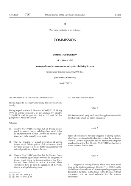 2000/275/EC: Commission Decision of 21 March 2000 on equivalences between certain categories of driving licences (notified under document number C(2000) 511) (Text with EEA relevance) (repealed)