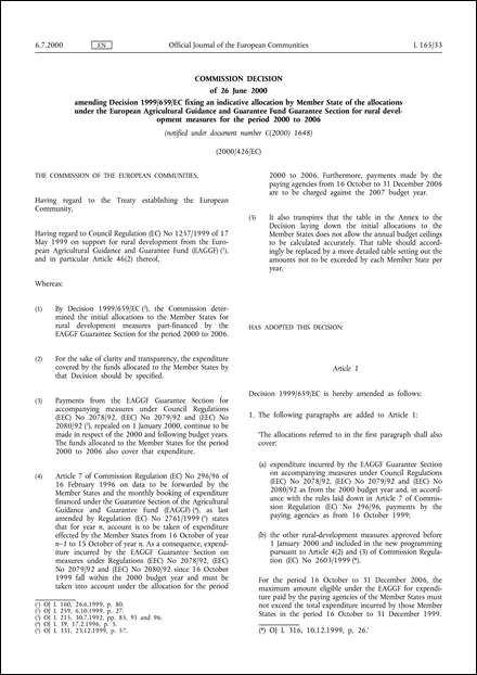 2000/426/EC: Commission Decision of 26 June 2000 amending Decision 1999/659/EC fixing an indicative allocation by Member State of the allocations under the European Agricultural Guidance and Guarantee Fund Guarantee Section for rural development measures for the period 2000 to 2006 (notified under document number C(2000) 1648)