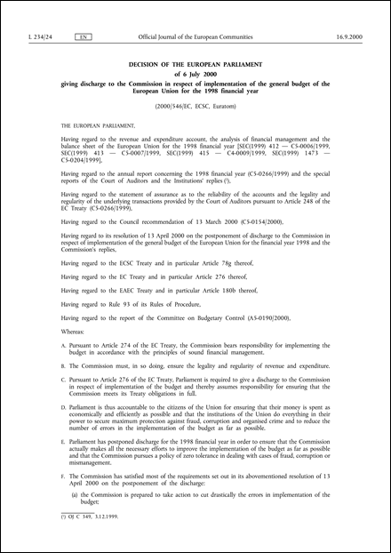 2000/546/EC, ECSC, Euratom: Decision of the European Parliament of 6 July 2000 giving discharge to the Commission in respect of implementation of the general budget of the European Union for the 1998 financial year