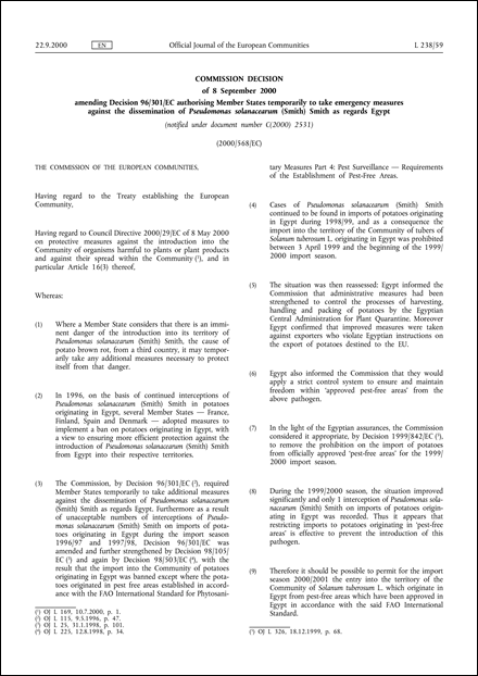 2000/568/EC: Commission Decision of 8 September 2000 amending Decision 96/301/EC authorising Member States temporarily to take emergency measures against the dissemination of Pseudomonas solanacearum (Smith) Smith as regards Egypt (notified under document number C(2000) 2531)