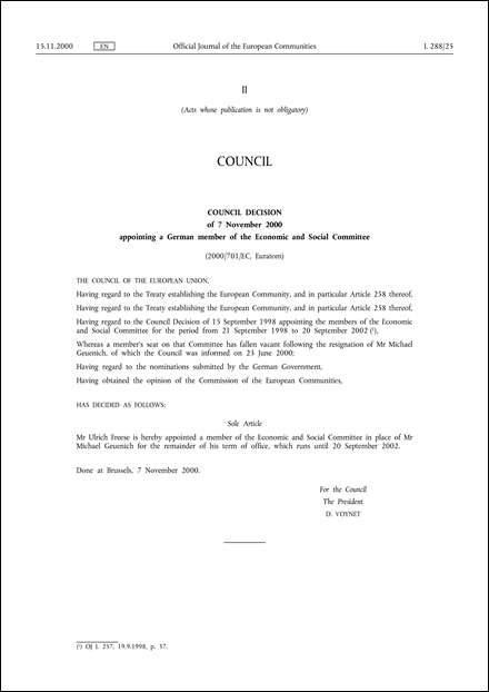 2000/701/EC, Euratom: Council Decision of 7 November 2000 appointing a German member of the Economic and Social Committee