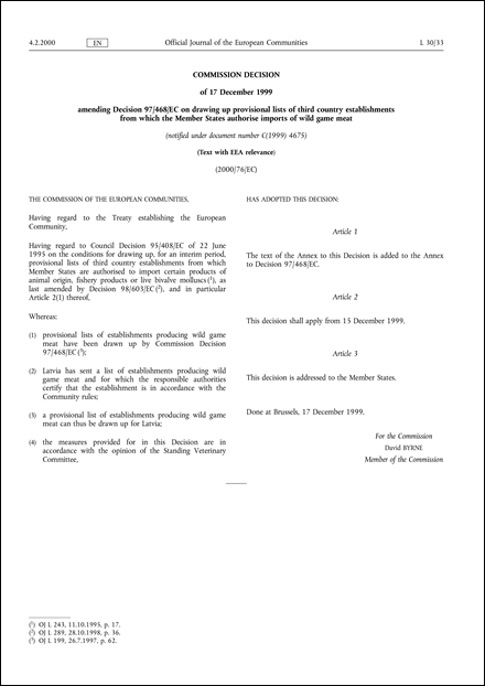 2000/76/EC: Commission Decision of 17 December 1999 amending Decision 97/468/EC on drawing up provisional lists of third country establishments from which the Member States authorise imports of wild game meat (notified under document number C(1999) 4675) (Text with EEA relevance.)