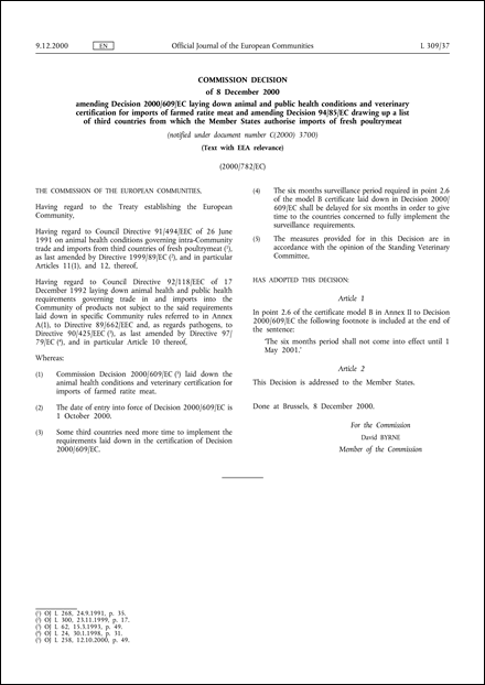 2000/782/EC: Commission Decision of 8 December 2000 amending Decision 2000/609/EC laying down animal and public health conditions and veterinary certification for imports of farmed ratite meat and amending Decision 94/85/EC drawing up a list of third countries from which the Member States authorise imports of fresh poultrymeat (notified under document number C(2000) 3700) (Text with EEA relevance)